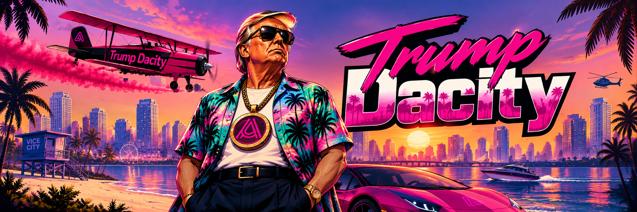 Trump Dacity banner: the character in front of a neon beachfront skyline at sunset, a pink sports car, palm trees, and a pink biplane trailing smoke